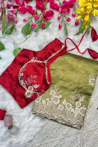 Mehndi Green Color  embroidery thread work Tissue Organza Saree