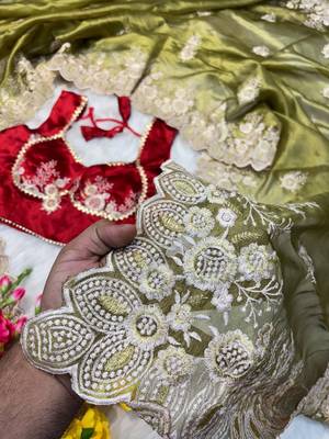Mehndi Green Color  embroidery thread work Tissue Organza Saree 3