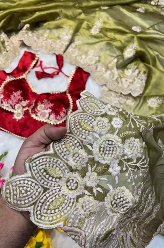 Mehndi Green Color  embroidery thread work Tissue Organza Saree
