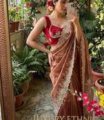Warm Brown Color  embroidery thread work Tissue Organza Saree