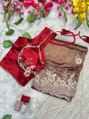 Warm Brown Color  embroidery thread work Tissue Organza Saree 2