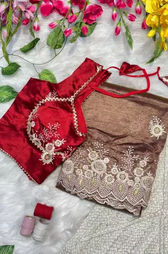 Warm Brown Color  embroidery thread work Tissue Organza Saree