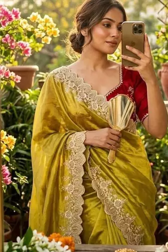 Yellow Color  embroidery thread work Tissue Organza Saree