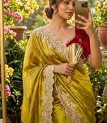 Yellow Color  embroidery thread work Tissue Organza Saree