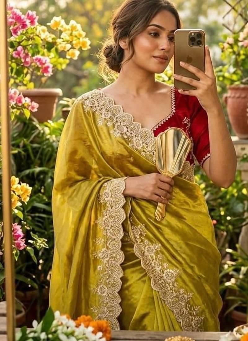 Yellow Color  embroidery thread work Tissue Organza Saree