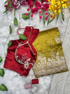 Yellow Color  embroidery thread work Tissue Organza Saree 2
