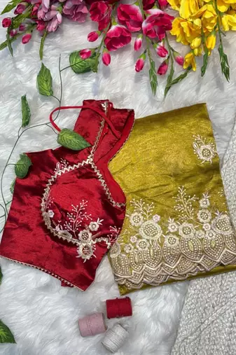 Yellow Color  embroidery thread work Tissue Organza Saree