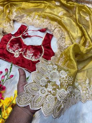 Yellow Color  embroidery thread work Tissue Organza Saree 3