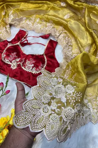 Yellow Color  embroidery thread work Tissue Organza Saree