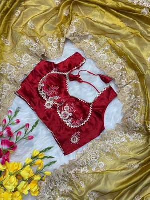 Yellow Color  embroidery thread work Tissue Organza Saree 4