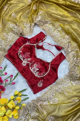 Yellow Color  embroidery thread work Tissue Organza Saree