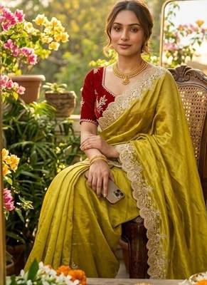 Yellow Color  embroidery thread work Tissue Organza Saree 5