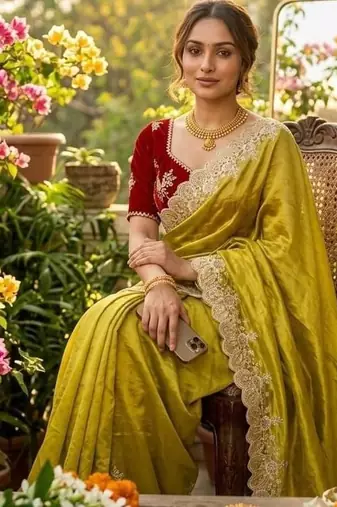 Yellow Color  embroidery thread work Tissue Organza Saree