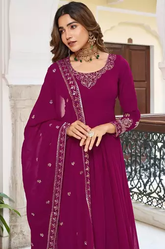 Dark Rani Pink Color Thread With Sequence Work American Silk Top Bottom Dupatta Set