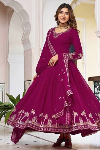 Dark Rani Pink Color Thread With Sequence Work American Silk Top Bottom Dupatta Set