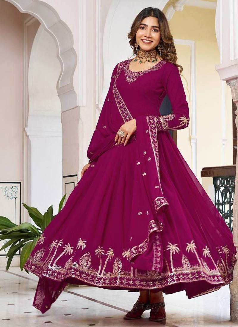 Dark Rani Pink Color Thread With Sequence Work American Silk Top Bottom Dupatta Set