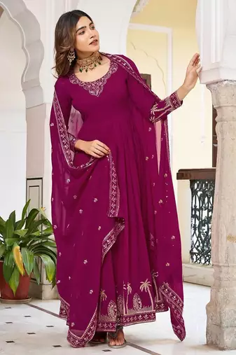 Dark Rani Pink Color Thread With Sequence Work American Silk Top Bottom Dupatta Set