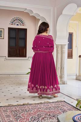 Dark Rani Pink Color Thread With Sequence Work American Silk Top Bottom Dupatta Set 4