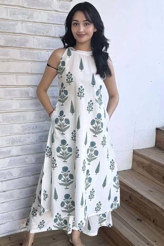 White Floral Printed Cotton Co-Ord Set for Women