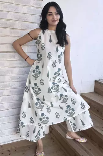 White Floral Printed Cotton Co-Ord Set for Women