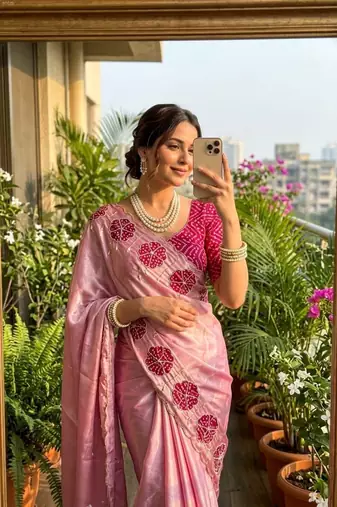 Pink Color cutdana Work Silk Saree