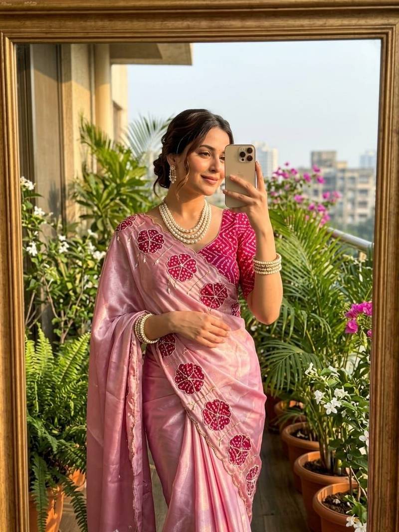 Pink Color cutdana Work Silk Saree