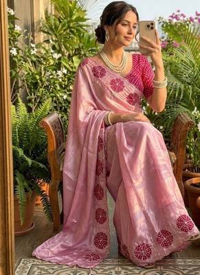 Pink Color cutdana Work art silk saree 2