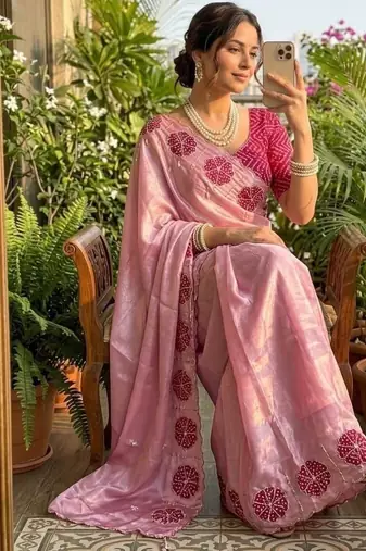 Pink Color cutdana Work art silk saree