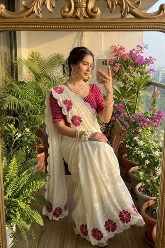 White  Color cutdana Work Silk Saree