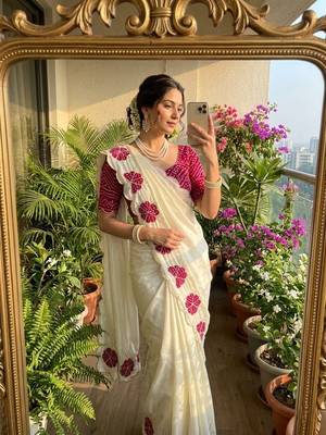 White  Color cutdana Work art silk saree 2
