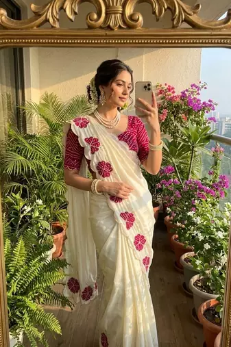 White  Color cutdana Work art silk saree
