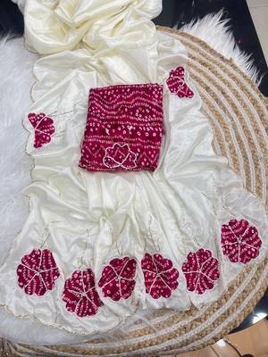 White  Color cutdana Work art silk saree 3