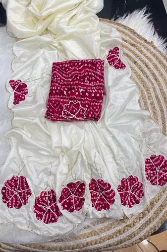White  Color cutdana Work art silk saree