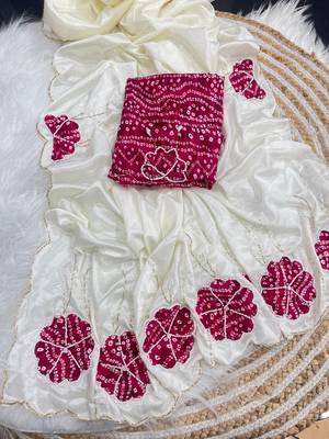 White  Color cutdana Work art silk saree 4