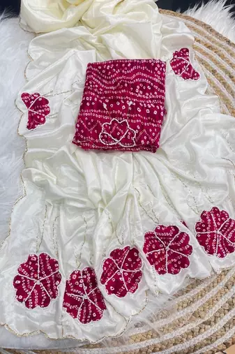White  Color cutdana Work art silk saree