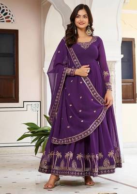 Purple Color Thread With Sequence Work American Silk Top Bottom Dupatta Set 1