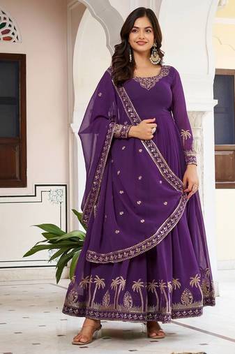 Purple Color Thread With Sequence Work American Silk Top Bottom Dupatta Set