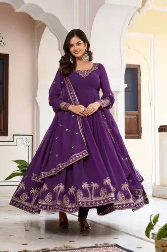 Purple Color Thread With Sequence Work American Silk Top Bottom Dupatta Set