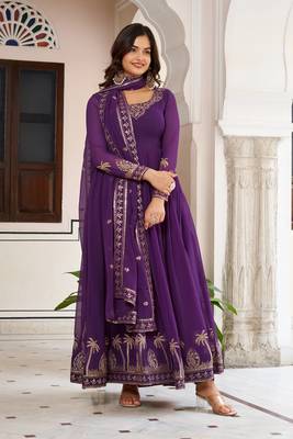 Purple Color Thread With Sequence Work American Silk Top Bottom Dupatta Set 4
