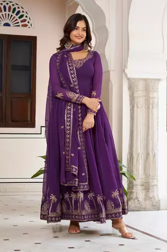 Purple Color Thread With Sequence Work American Silk Top Bottom Dupatta Set