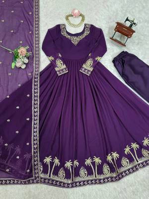 Purple Color Thread With Sequence Work American Silk Top Bottom Dupatta Set 5