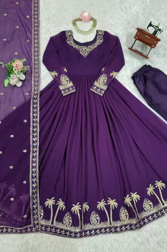 Purple Color Thread With Sequence Work American Silk Top Bottom Dupatta Set