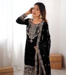 Black Color Thread With Dori Embroidery,Sequin,Thread And Pearl Work Faux Georgette Top Bottom Dupatta Set