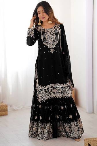 Black Color Thread With Dori Embroidery,Sequin,Thread And Pearl Work Faux Georgette Top Bottom Dupatta Set