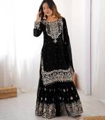 Black Color Thread With Dori Embroidery,Sequin,Thread And Pearl Work Faux Georgette Top Bottom Dupatta Set