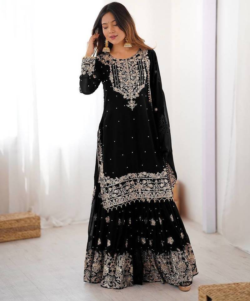 Black Color Thread With Dori Embroidery,Sequin,Thread And Pearl Work Faux Georgette Top Bottom Dupatta Set