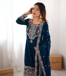 Teal Color Thread With Dori Embroidery,Sequin,Thread And Pearl Work Faux Georgette Top Bottom Dupatta Set