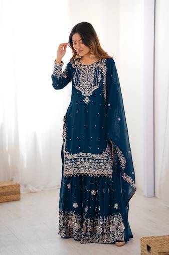 Teal Color Thread With Dori Embroidery,Sequin,Thread And Pearl Work Faux Georgette Top Bottom Dupatta Set