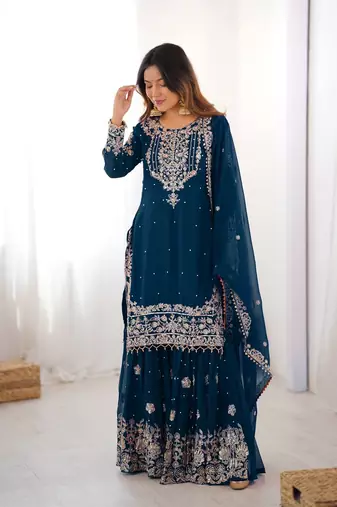 Teal Color Thread With Dori Embroidery,Sequin,Thread And Pearl Work Faux Georgette Top Bottom Dupatta Set