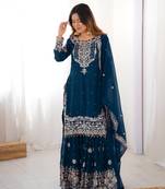 Teal Color Thread With Dori Embroidery,Sequin,Thread And Pearl Work Faux Georgette Top Bottom Dupatta Set